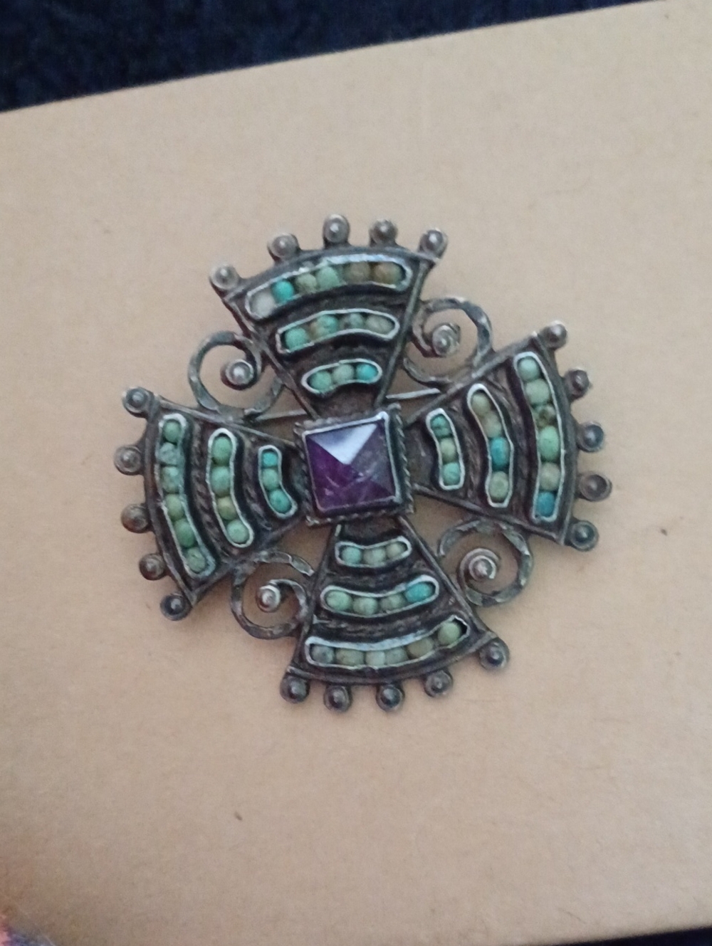 Sterling silver brooch with turquoise and amethyst by Matl Salas